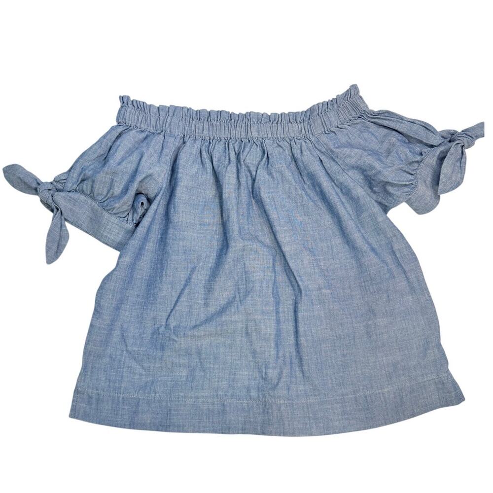 J. Crew Off Shoulder Chambray Top Womens 6 Blue Tie Sleeve Peasant Blouse NWT - Picture 2 of 7